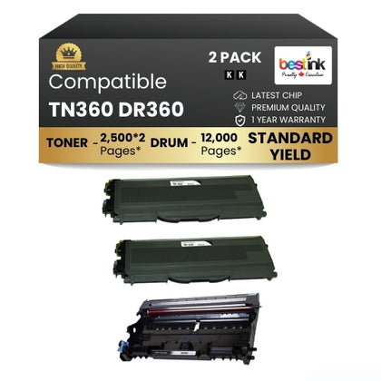 Brother TN360 DR360 Compatible Black Toner Cartridge and Drum Combo(1 DRUM & 2 TONER)