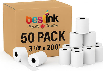 3 1/8″ x 200′ Thermal Paper Receipt 50 Rolls – Fits 3-1/8″ x 225′ & 3 1/8″ x 220′ – 70mm Diameter, 16mm Core – BPA-Free, Fade-Resistant – POS/Cash Register/Receipt Printers
