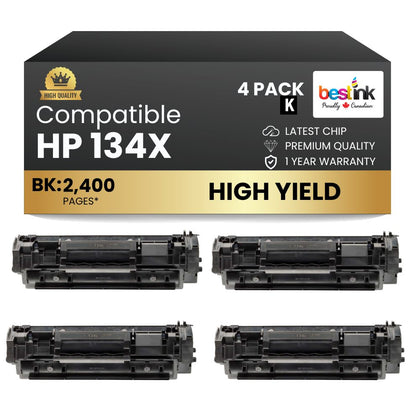 Compatible HP 134X W1340X Black Toner Cartridge - WITH CHIP (4 Pack)
