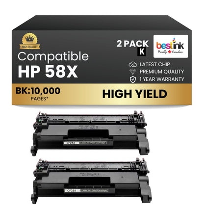 Compatible HP 58X CF258X Black Toner Cartridge High Yield - With Chip (2 Pack)