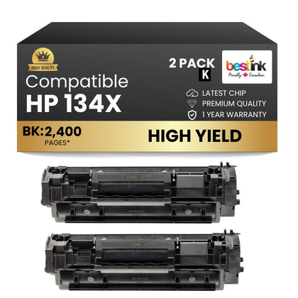 Compatible HP 134X W1340X Black Toner Cartridge - WITH CHIP (2 Pack)