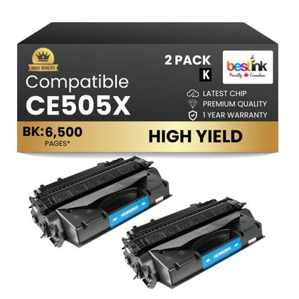 Compatible HP 05X CE505X Black Toner Cartridge High Yield (2 Pack)