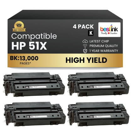 Compatible HP 51X Q7551X Black Toner Cartridge High Yield (4 Pack)