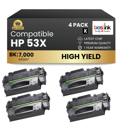 Compatible HP 53X Q7553X Black Toner Cartridge High Yield (4 Pack)