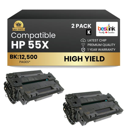 Compatible HP 55X CE255X Black Toner Cartridge High Yield (2 Pack)