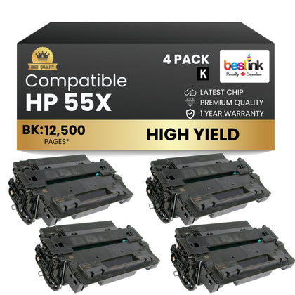 Compatible HP 55X CE255X Black Toner Cartridge High Yield (4 Pack)