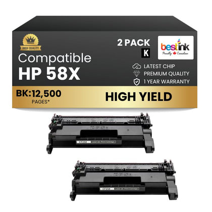 Compatible HP 58X CF258X Black Toner Cartridge High Yield - With Chip (2 Pack)