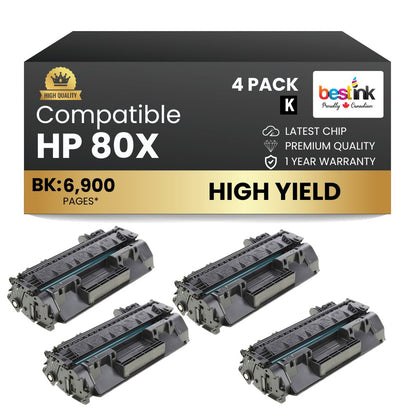 Compatible HP 80X CF280X Black Toner Cartridge High Yield (4 Pack)