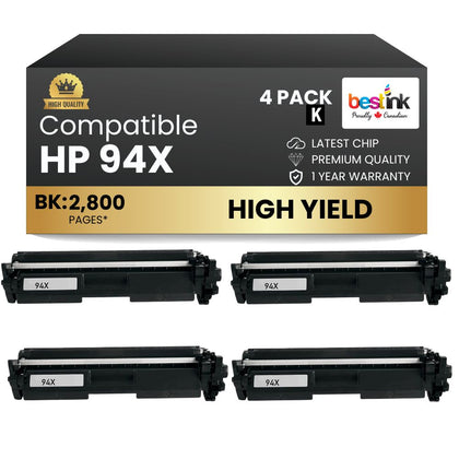 Compatible HP 94X CF294X Black Toner Cartridge High Yield (4 Pack)