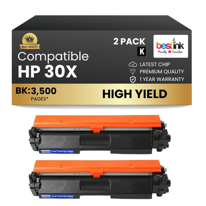 Compatible HP 30X CF230X Black Toner Cartridge High Yield With Chip (2 Pack)