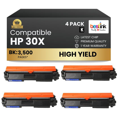 Compatible HP 30X CF230X Black Toner Cartridge High Yield With Chip (4 Pack)