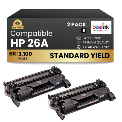 Compatible HP 26A CF226A Black Toner Cartridge (2 Pack)