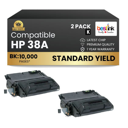 Compatible HP 38A Q1338A Black Toner Cartridge (2 Pack)