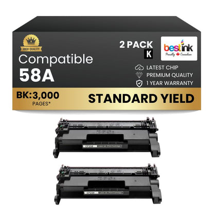 Compatible HP 58A CF258A Black Toner Cartridge - No Chip (2 Pack)