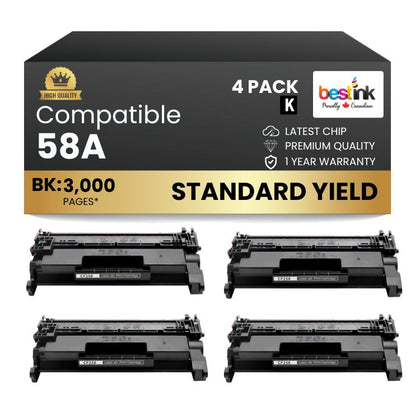 Compatible HP 58A CF258A Black Toner Cartridge - No Chip (4 Pack)
