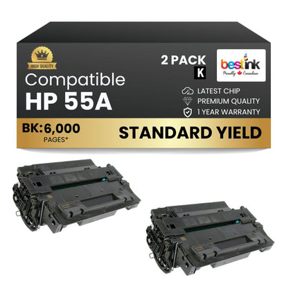 Compatible HP 55A CE255A Black Toner Cartridge (2 Pack)