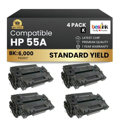 Compatible HP 55A CE255A Black Toner Cartridge (4 Pack)