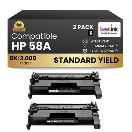 Compatible HP 58X CF258X Black Toner Cartridge High Yield - No Chip (2 Pack)