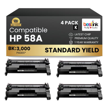 Compatible HP 58X CF258X Black Toner Cartridge High Yield - No Chip (4 Pack)