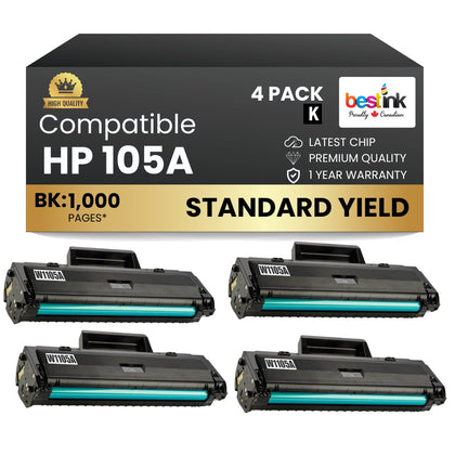 Compatible HP 105A W1105A Black Toner Cartridge Standard Yield (4 Pack)