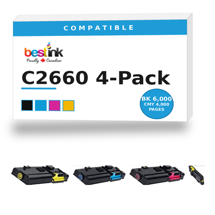 Dell C2660/C2665 Compatible Toner 4-Pack — Black, Cyan, Magenta, Yellow (593-BBBU/593-BBBT/593-BBBS/593-BBBR) - box and cartridges