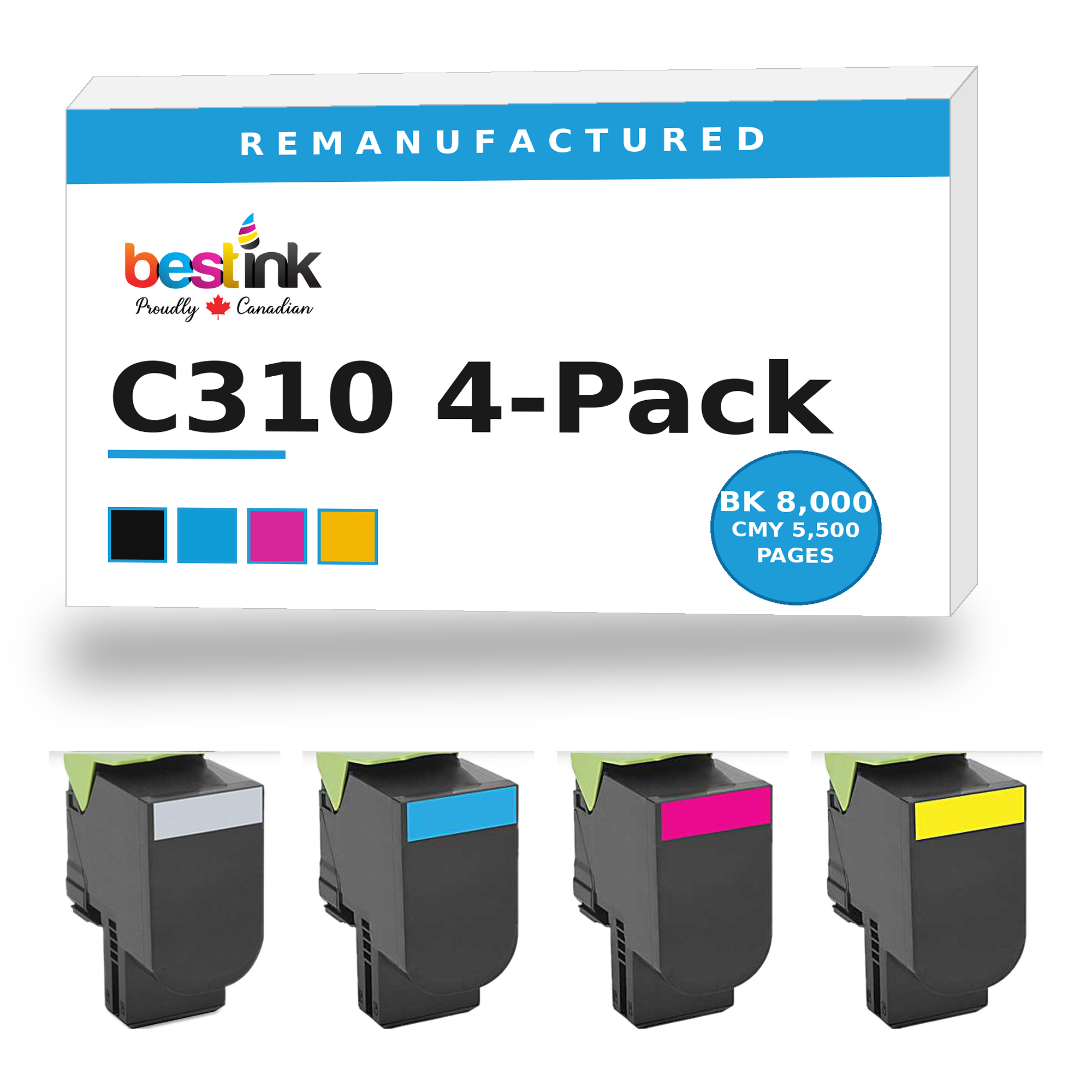 Xerox C310 Remanufactured Toner 4-Pack Extra High Yield with Chip — Black, Cyan, Magenta, Yellow (006R04364/006R04365/006R04366/006R04367) - box and cartridges