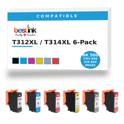 Epson T312XL / T314XL Compatible 6-Pack — Black, Cyan, Magenta, Yellow, Gray, Red (T312XL120 / T312XL220 / T312XL320 / T312XL420 / T314XL720 / T314XL820)