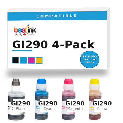Canon GI290 Compatible Ink Bottle 4-Pack — Black, Cyan, Magenta, Yellow (1595C001/1596C001/1597C001/1598C001)