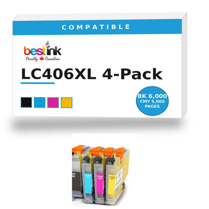 Brother LC406XL Compatible Ink 4-Pack — Black, Cyan, Magenta, Yellow (LC406XLBK/LC406XLC/LC406XLM/LC406XLY)