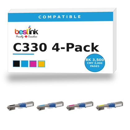 OKI C330 Compatible Toner 4-Pack — Black, Cyan, Magenta, Yellow (44469801/44469703/44469702/44469701)
