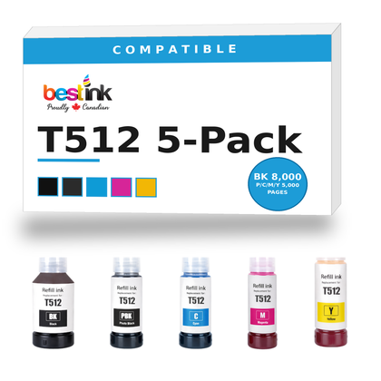 Epson T512 Compatible Ink Bottle 5-Pack — Standard Yield (T512020-S, T512120-S, T512220-S, T512320-S, T512420-S)