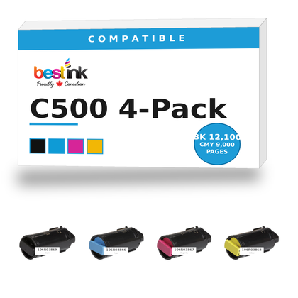 Xerox C500 Compatible Toner 4-Pack — Black, Cyan, Magenta, Yellow (106R03869/106R03866/106R03867/106R03868)